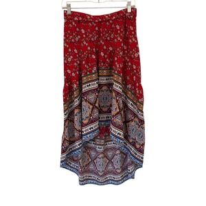 SHEIN Women's Red Floral High Low Midi Skirt Size L Boho Festival Print